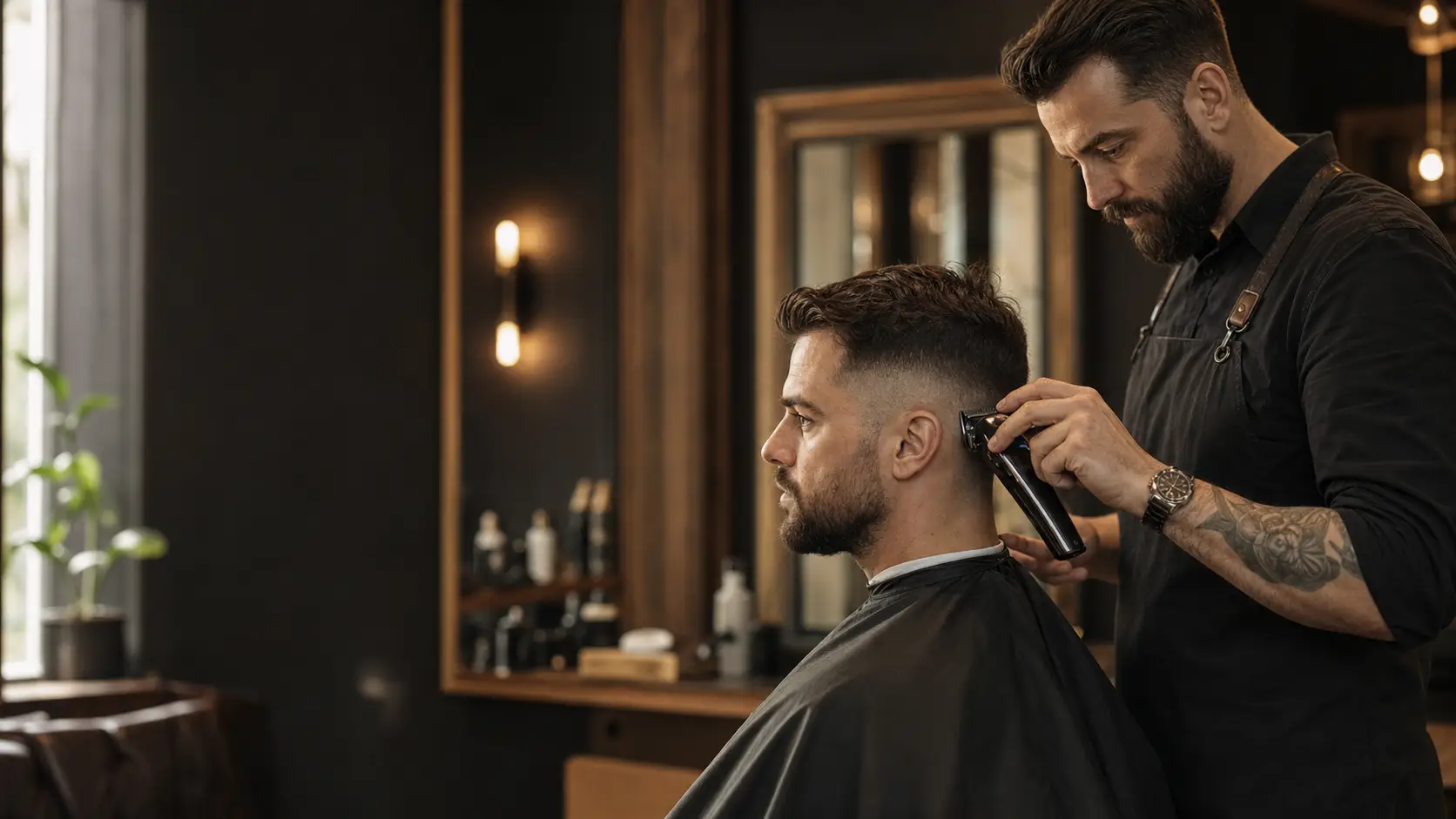 Barbier schneidet einem Kunden präzise die Haare