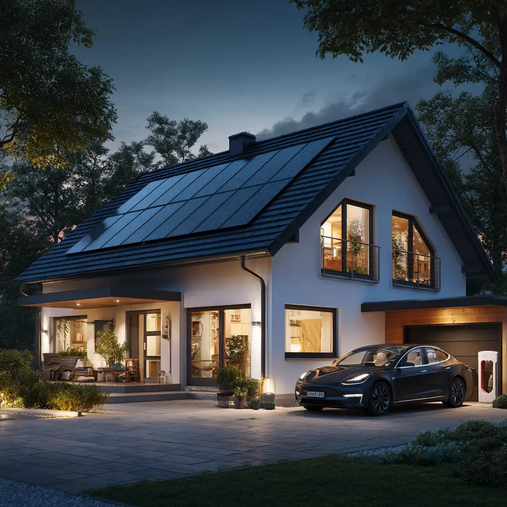 Modernes Wohnhaus mit Photovoltaikanlage und Wallbox
